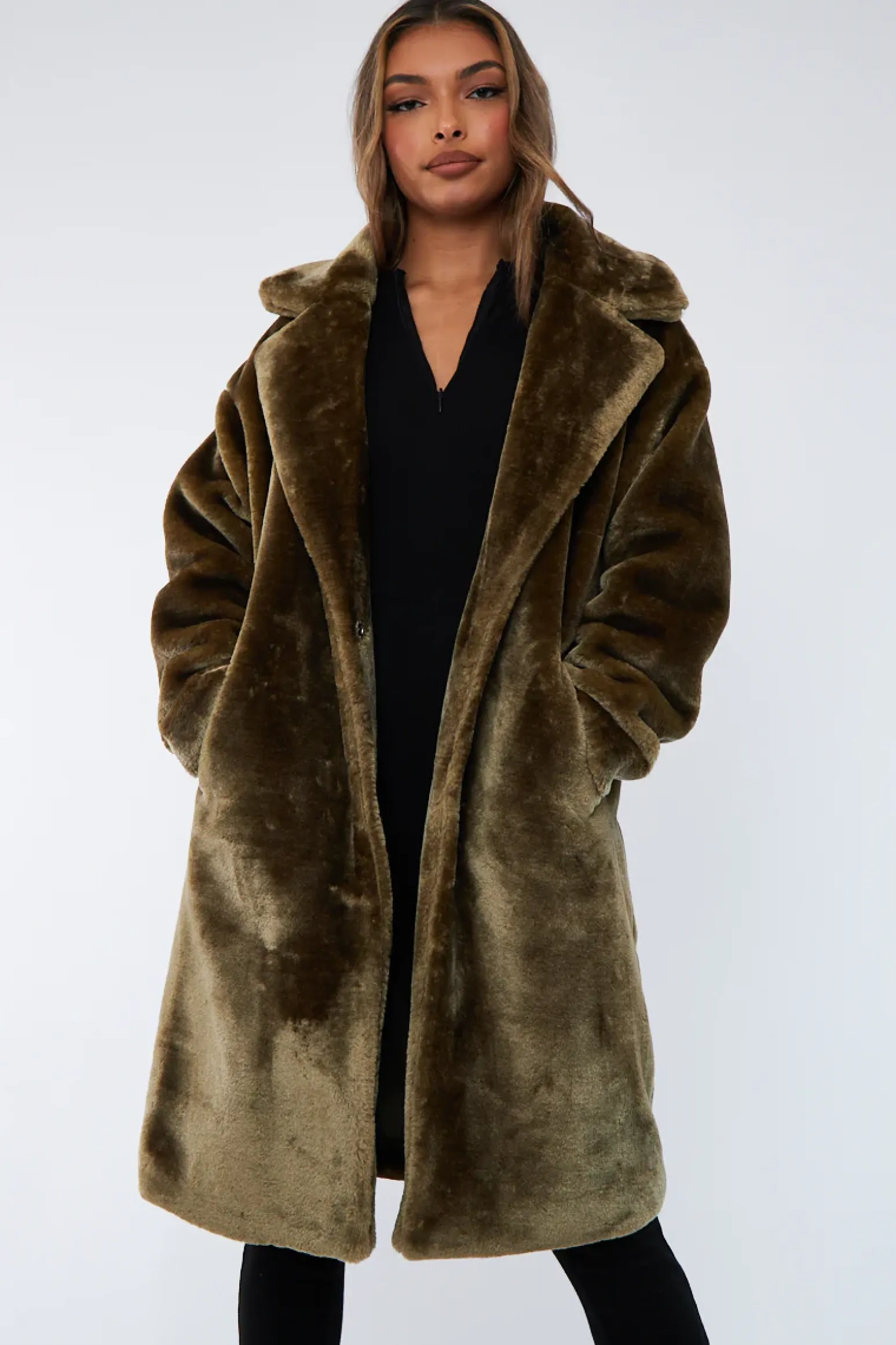 Rebellious Fashion Olive Mid Length Faux Fur Coat - North