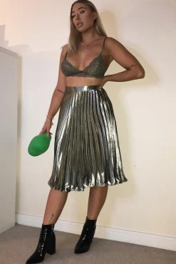 Rebellious Fashion Olive Satin Pleated Midi Skirt - Kelyn