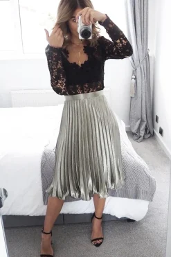Rebellious Fashion Olive Satin Pleated Midi Skirt - Kelyn