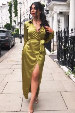Rebellious Fashion Olive Satin Plunge Wrap Front Maxi Dress - Beni