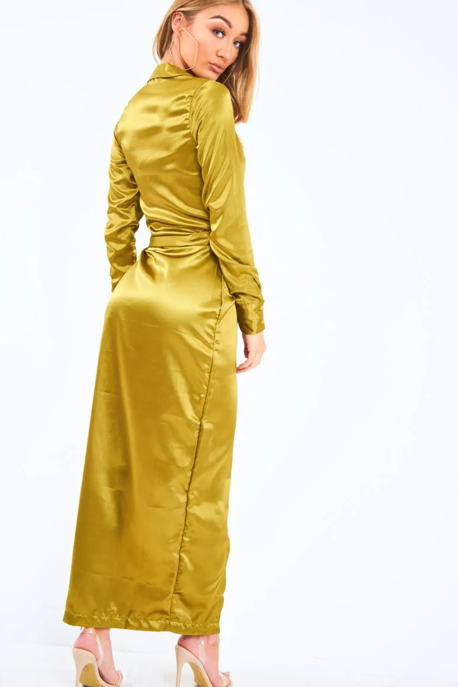 Rebellious Fashion Olive Satin Plunge Wrap Front Maxi Dress - Beni
