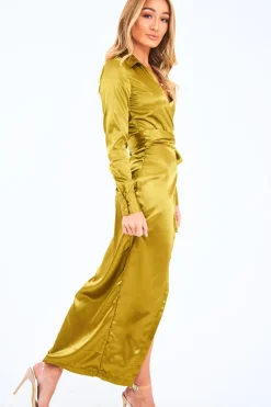 Rebellious Fashion Olive Satin Plunge Wrap Front Maxi Dress - Beni