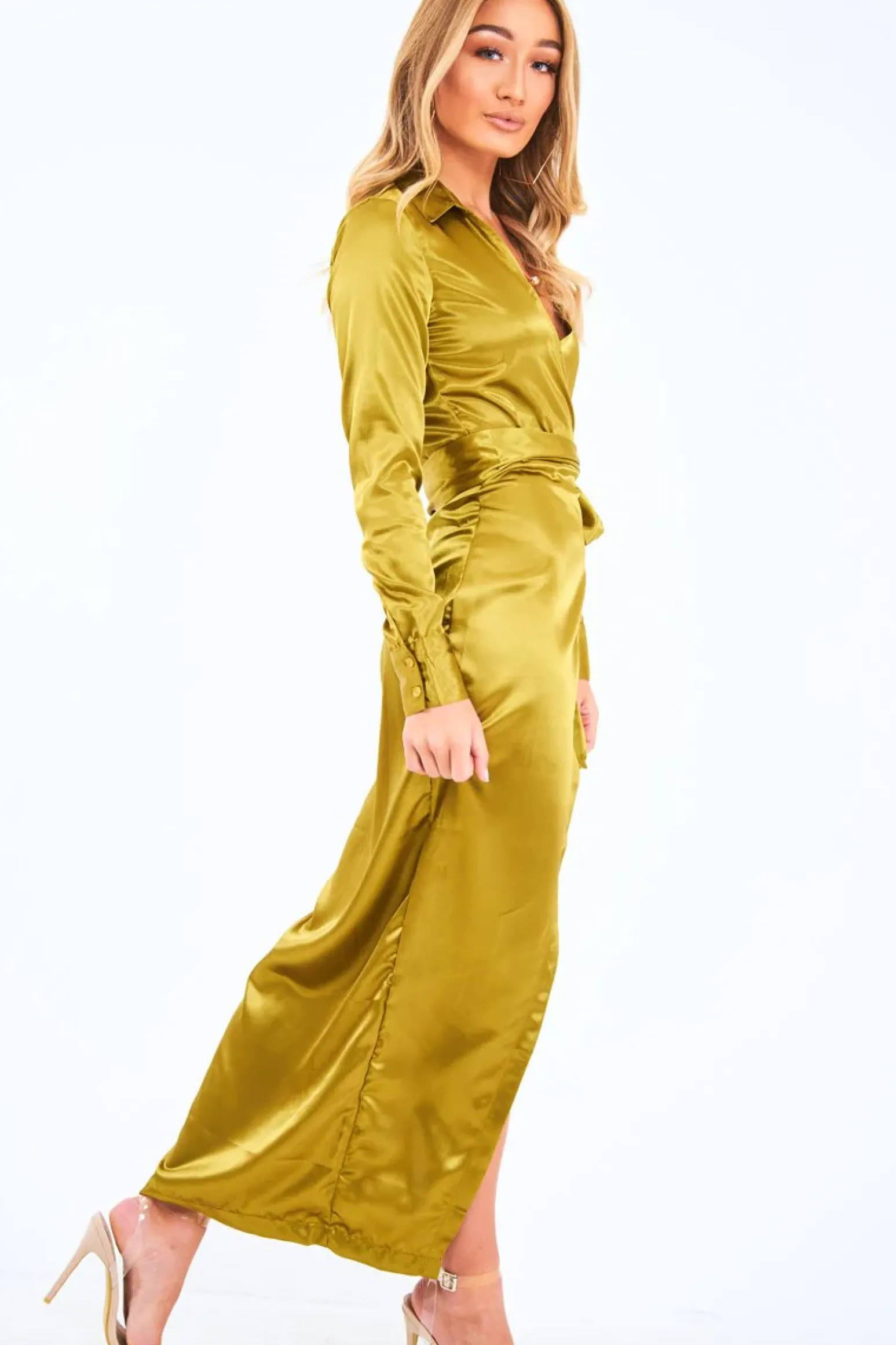 Rebellious Fashion Olive Satin Plunge Wrap Front Maxi Dress - Beni