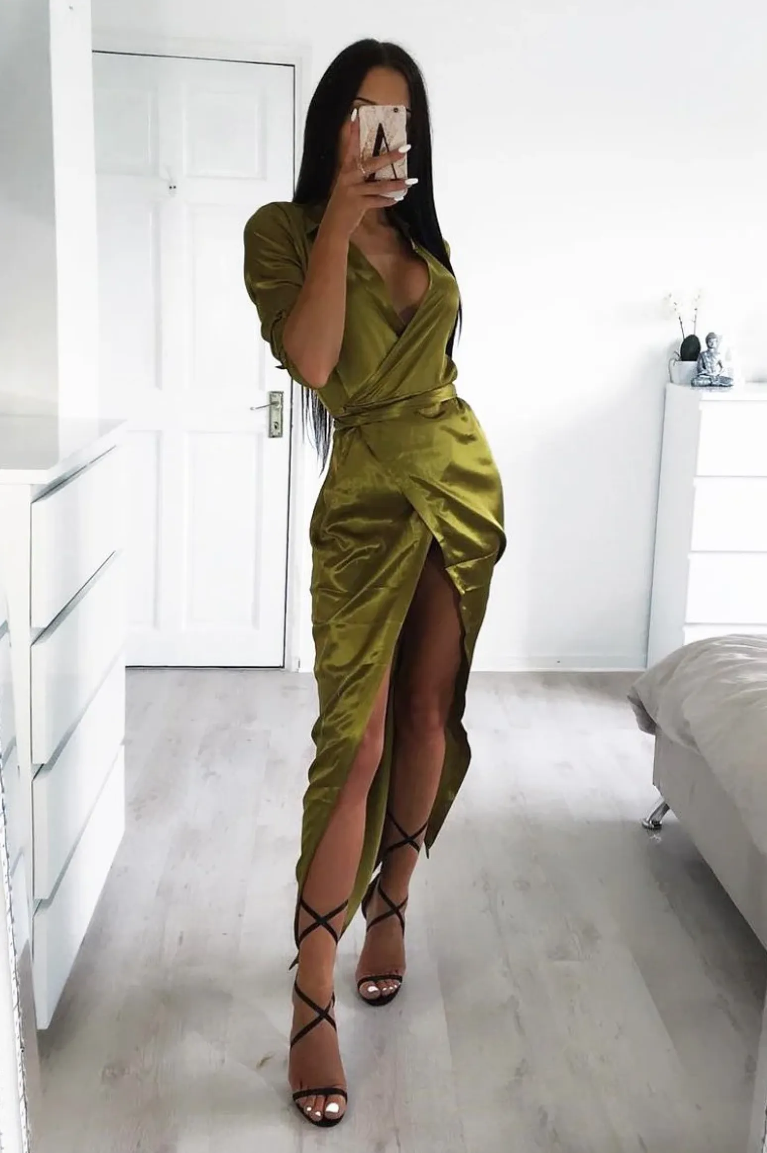 Rebellious Fashion Olive Satin Plunge Wrap Front Maxi Dress - Beni