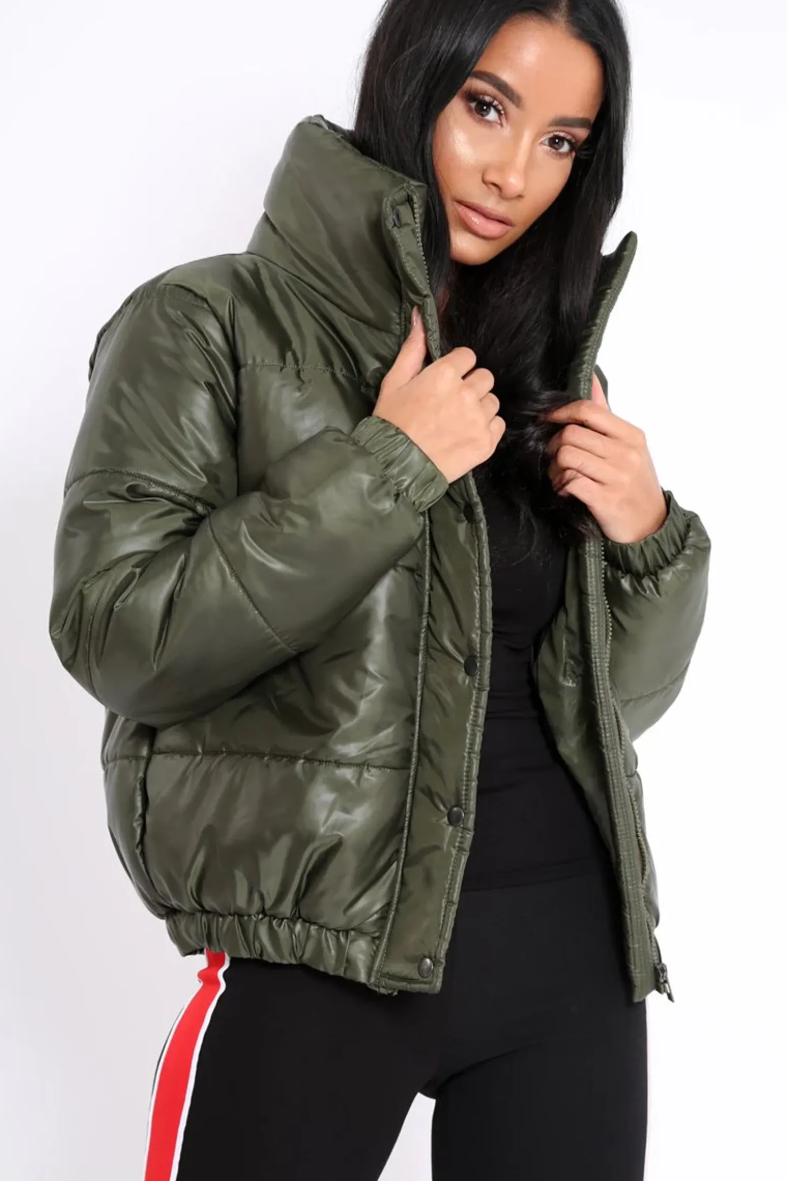 Rebellious Fashion Olive Shiny Puffer Coat - Penny