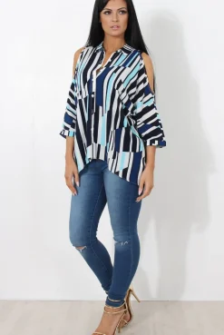 Rebellious Fashion Ora Blue Striped Drooped Back Shirt