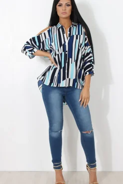 Rebellious Fashion Ora Blue Striped Drooped Back Shirt