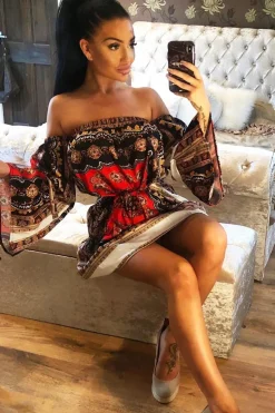 Rebellious Fashion Orange Black Bardot Belted Scarf Print Dress - Kessa