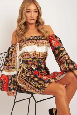 Rebellious Fashion Orange Black Bardot Belted Scarf Print Dress - Kessa