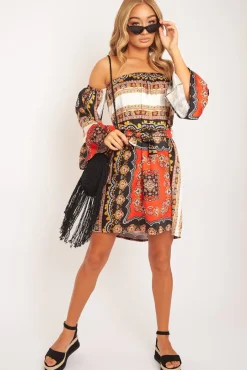 Rebellious Fashion Orange Black Bardot Belted Scarf Print Dress - Kessa