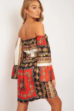 Rebellious Fashion Orange Black Bardot Belted Scarf Print Dress - Kessa