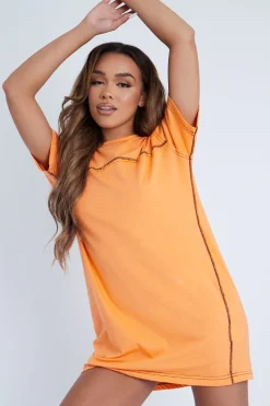 Rebellious Fashion Orange Contrast Stitch T-Shirt Dress - Mari