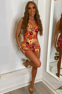 Rebellious Fashion Orange Floral Print Ring Halter Neck Slinky Mini Dress - Mili
