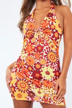 Rebellious Fashion Orange Floral Print Ring Halter Neck Slinky Mini Dress - Mili