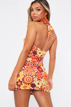 Rebellious Fashion Orange Floral Print Ring Halter Neck Slinky Mini Dress - Mili