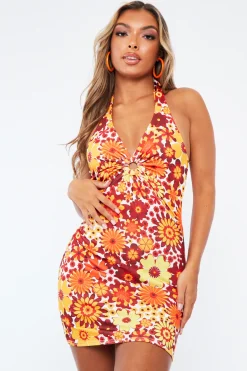 Rebellious Fashion Orange Floral Print Ring Halter Neck Slinky Mini Dress - Mili