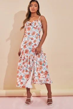 Rebellious Fashion Orange Floral Print Shirred Bust Midi Dress - Renita