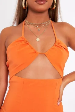 Rebellious Fashion Orange Halter Neck Cut Out Mini Dress - Jorji