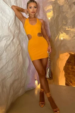 Rebellious Fashion Orange Halter Neck Side Cut Out Mini Dress - Davida
