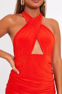 Rebellious Fashion Orange Halter Neck Slinky Mini Dress - Raylinn