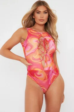 Rebellious Fashion Orange Marble Print Lace Up Mesh Bodysuit - Inola