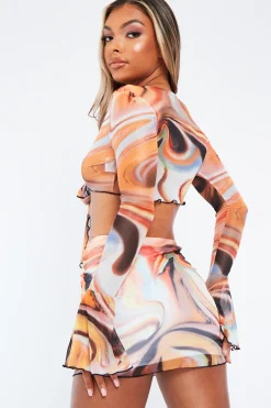 Rebellious Fashion Orange Marble Print Mesh Tie Front Crop Top And Mini Skirt Co-Ord - Jersi