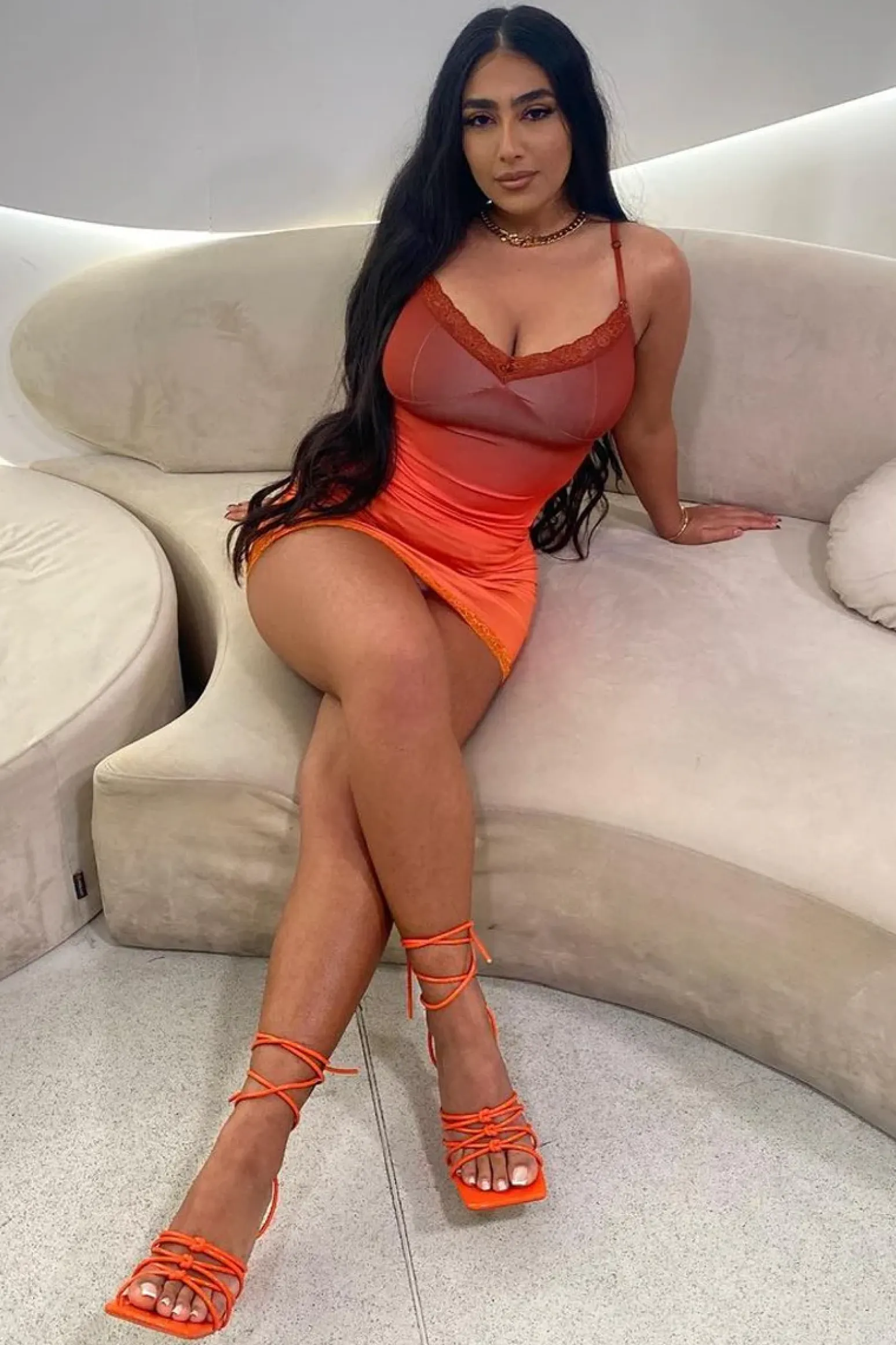 Rebellious Fashion Orange Ombre Strappy Lace Detail Bodycon Mini Dress - Pari