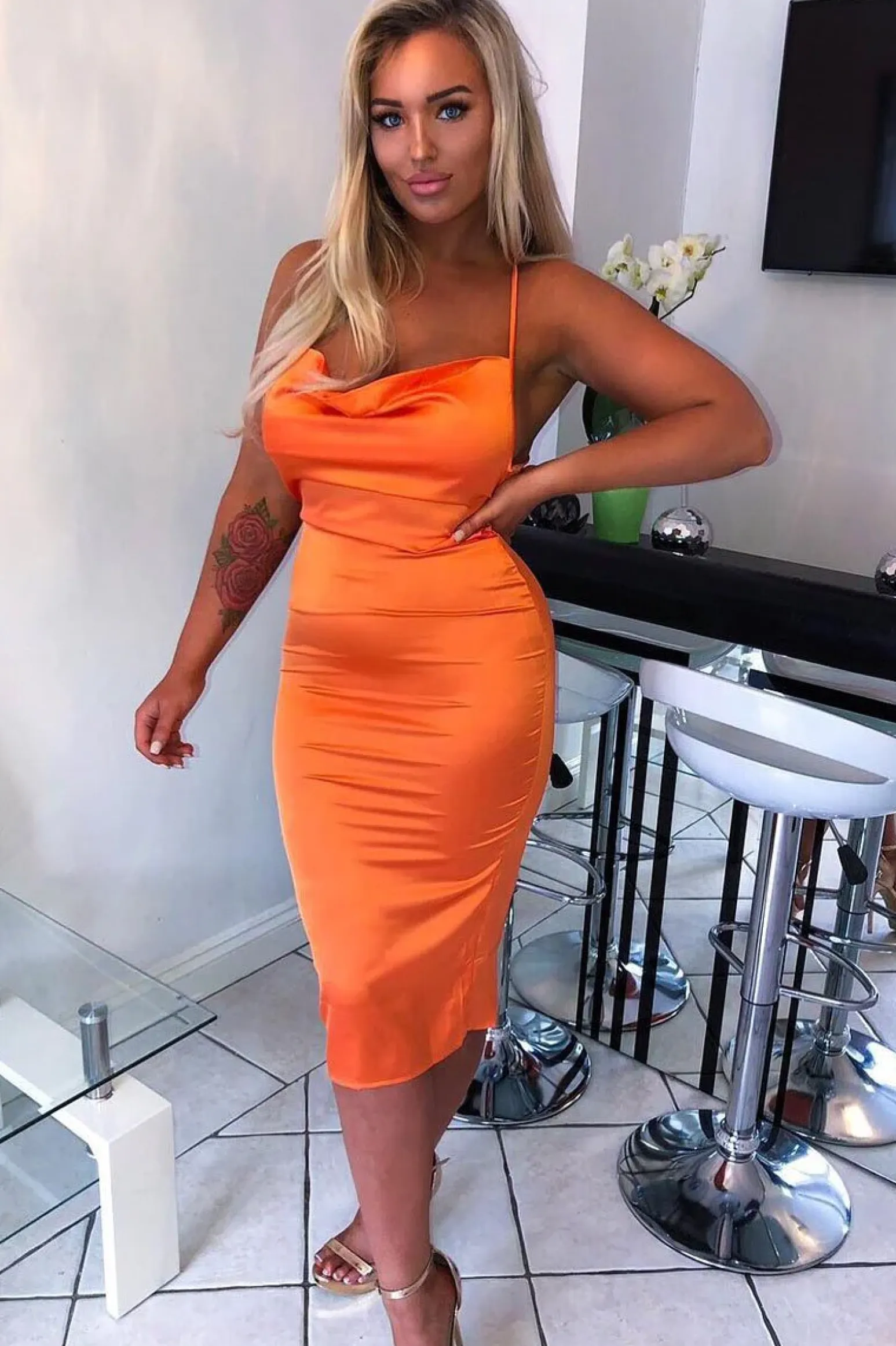 Rebellious Fashion Orange Satin Cowl Neck Midi Bodycon Dress - Liliana