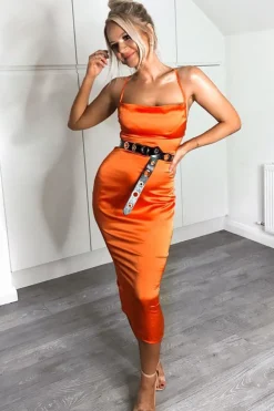 Rebellious Fashion Orange Satin Cowl Neck Midi Bodycon Dress - Liliana