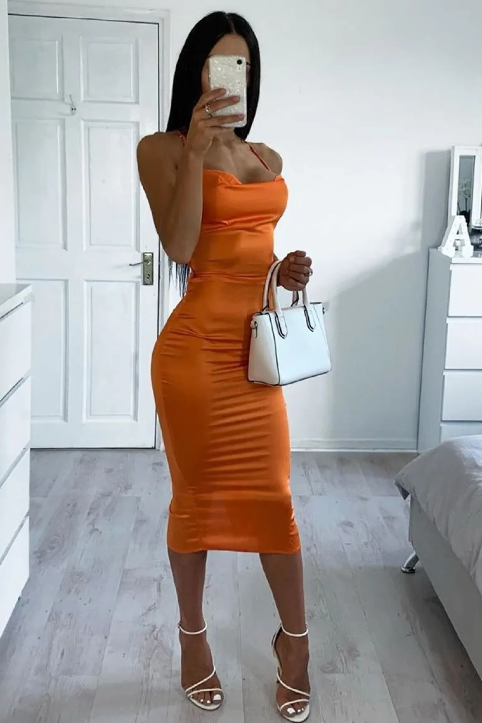 Rebellious Fashion Orange Satin Cowl Neck Midi Bodycon Dress - Liliana