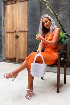 Rebellious Fashion Orange Satin Cowl Neck Midi Bodycon Dress - Liliana