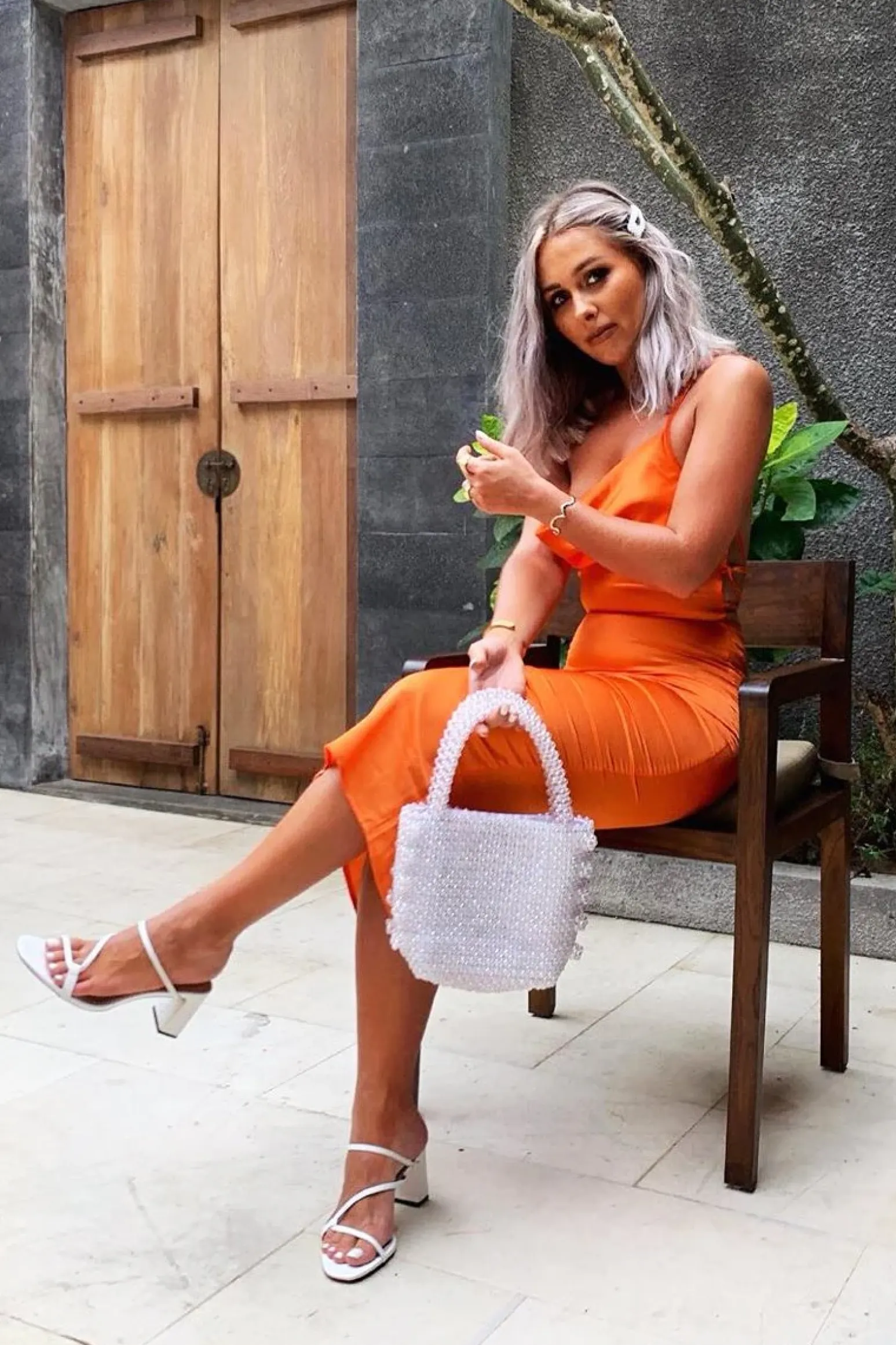 Rebellious Fashion Orange Satin Cowl Neck Midi Bodycon Dress - Liliana