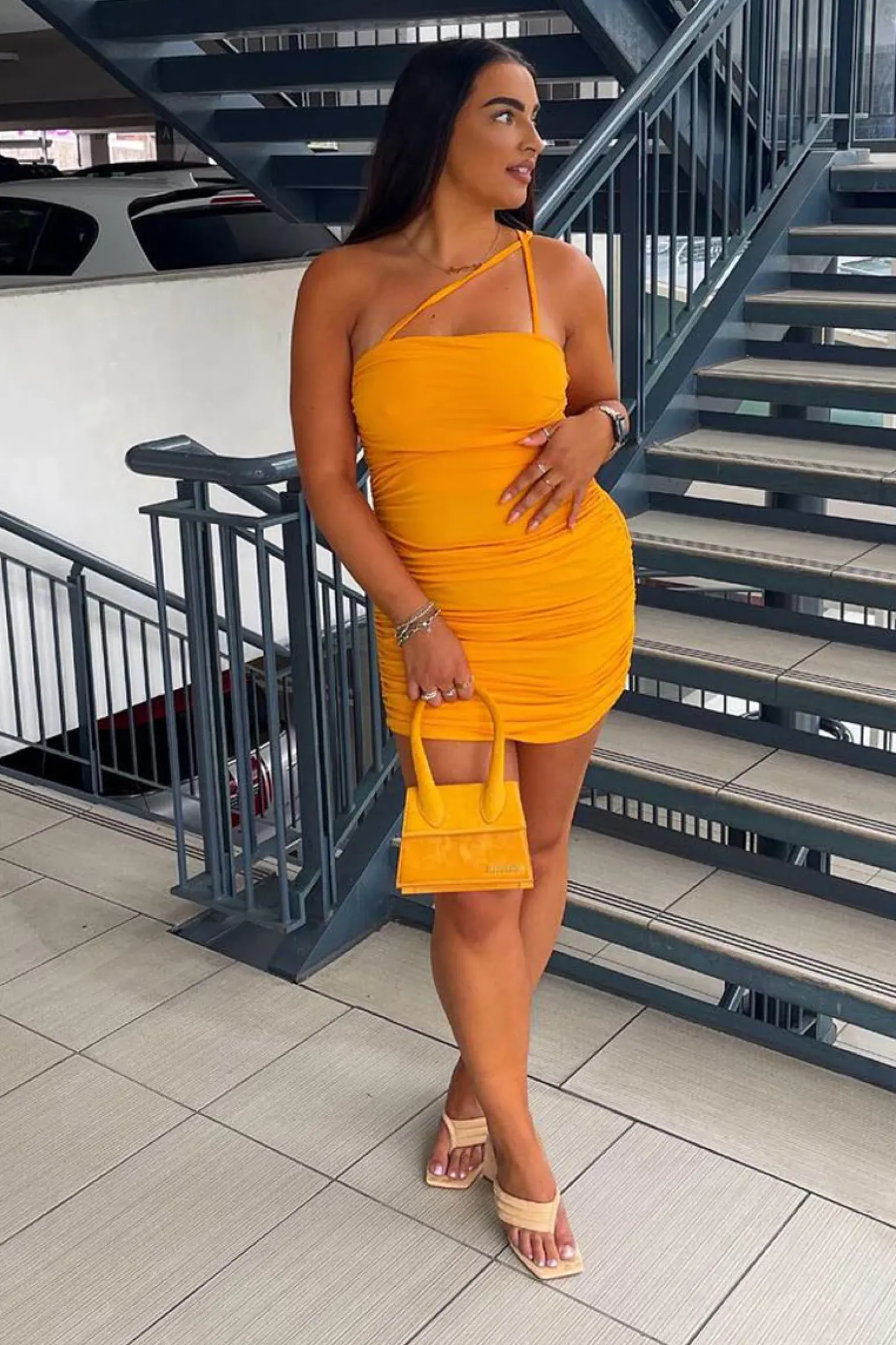 Rebellious Fashion Orange Side Ruched Jersey Mini Dress - Benita