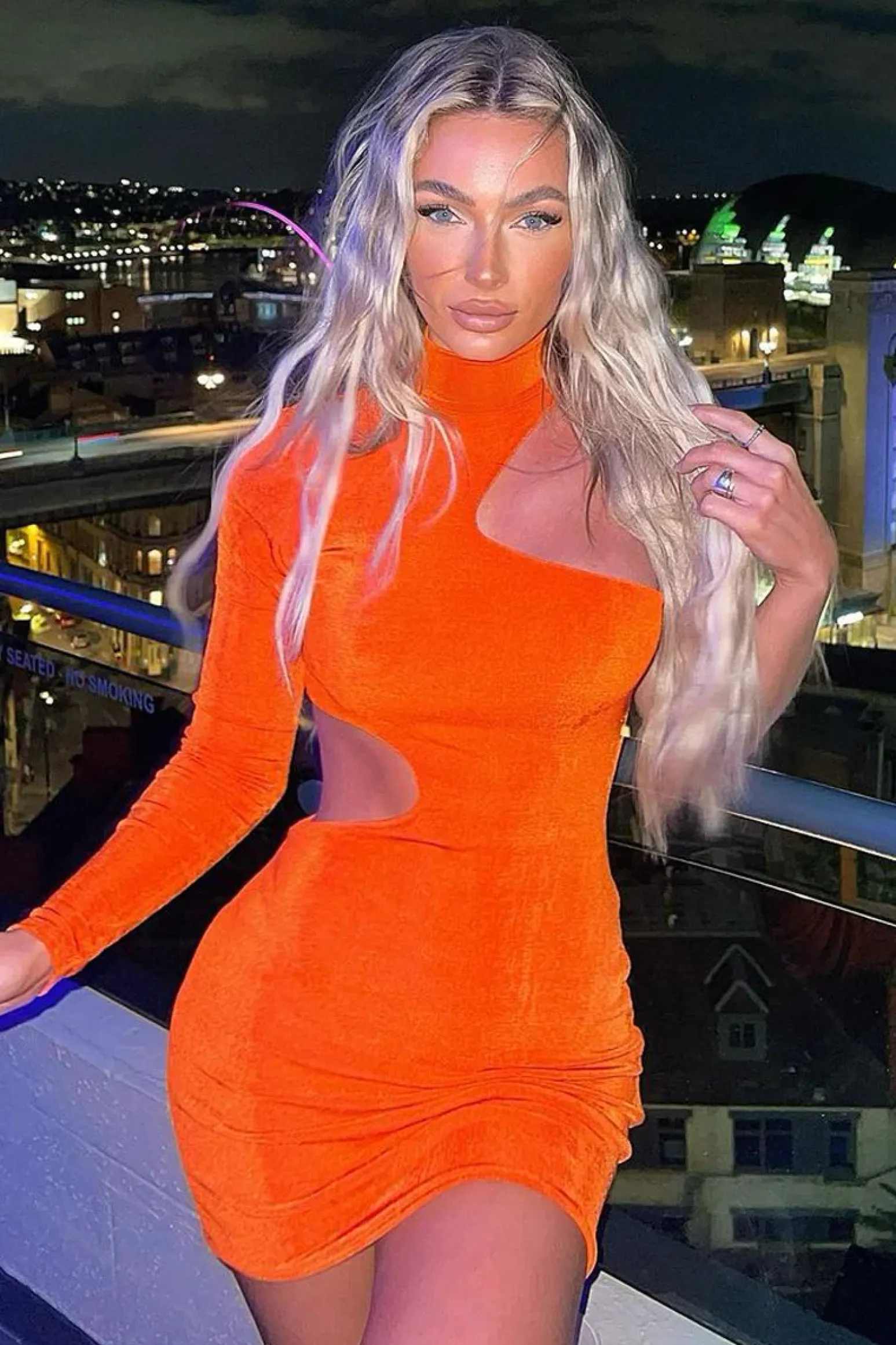 Rebellious Fashion Orange Slinky Cut Out One Sleeve Mini Dress - Rubee