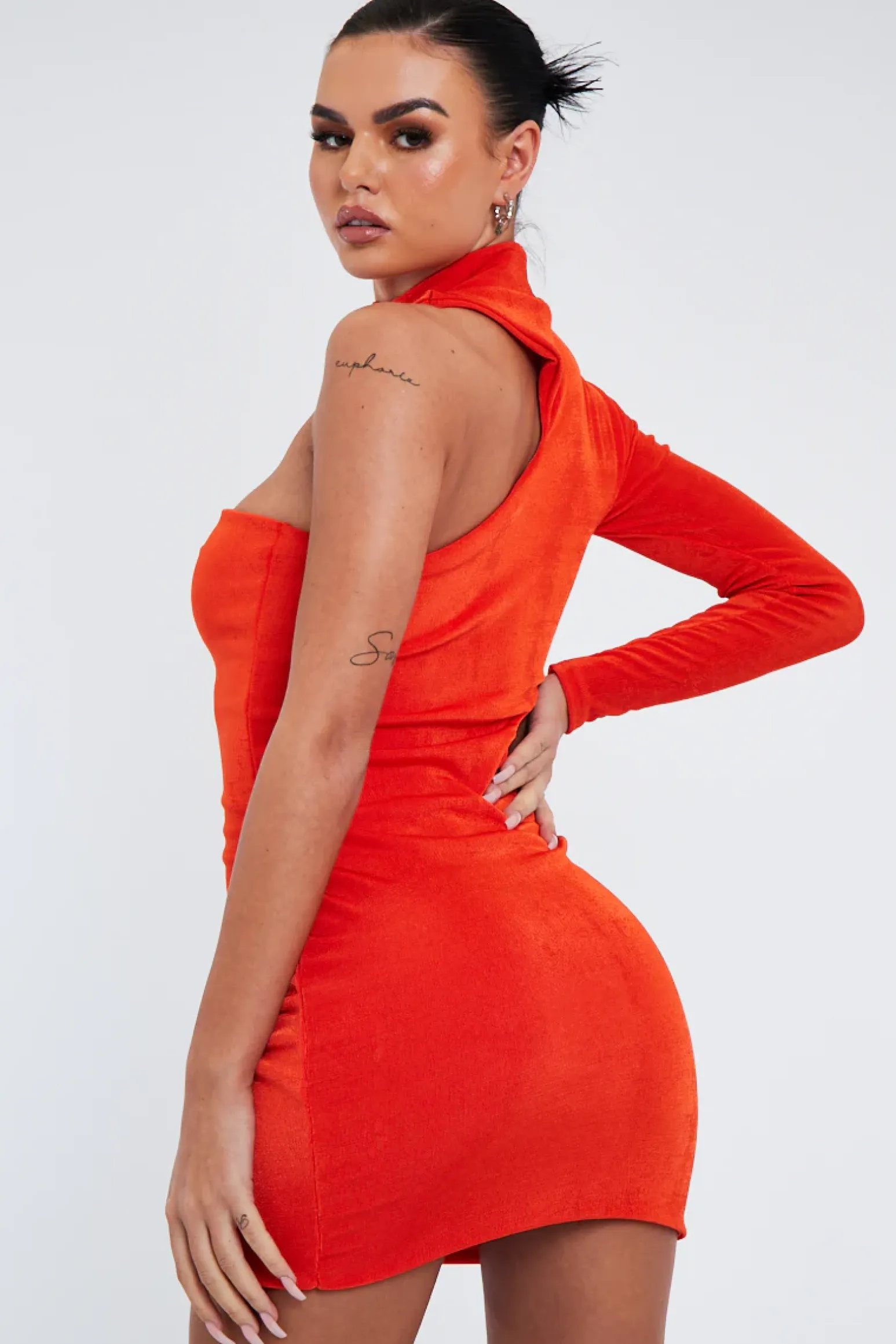 Rebellious Fashion Orange Slinky Cut Out One Sleeve Mini Dress - Rubee