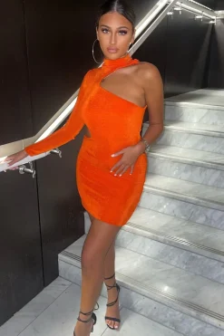 Rebellious Fashion Orange Slinky Cut Out One Sleeve Mini Dress - Rubee