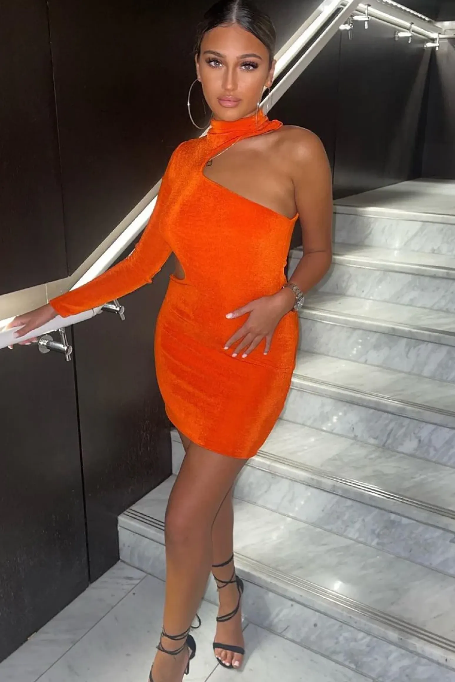 Rebellious Fashion Orange Slinky Cut Out One Sleeve Mini Dress - Rubee