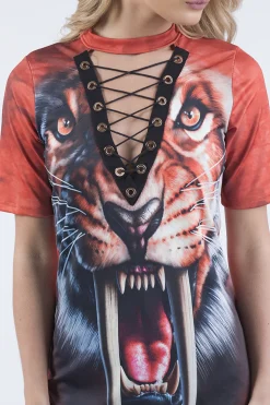 Rebellious Fashion Orange Tiger Lace Up T-Shirt Dress - Brooke