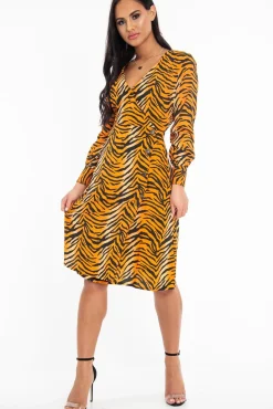 Rebellious Fashion Orange Tiger Print Plunge Wrap Button Front Midi Dress - Bettie