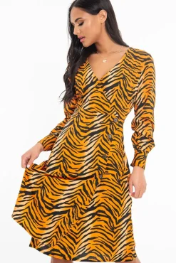 Rebellious Fashion Orange Tiger Print Plunge Wrap Button Front Midi Dress - Bettie