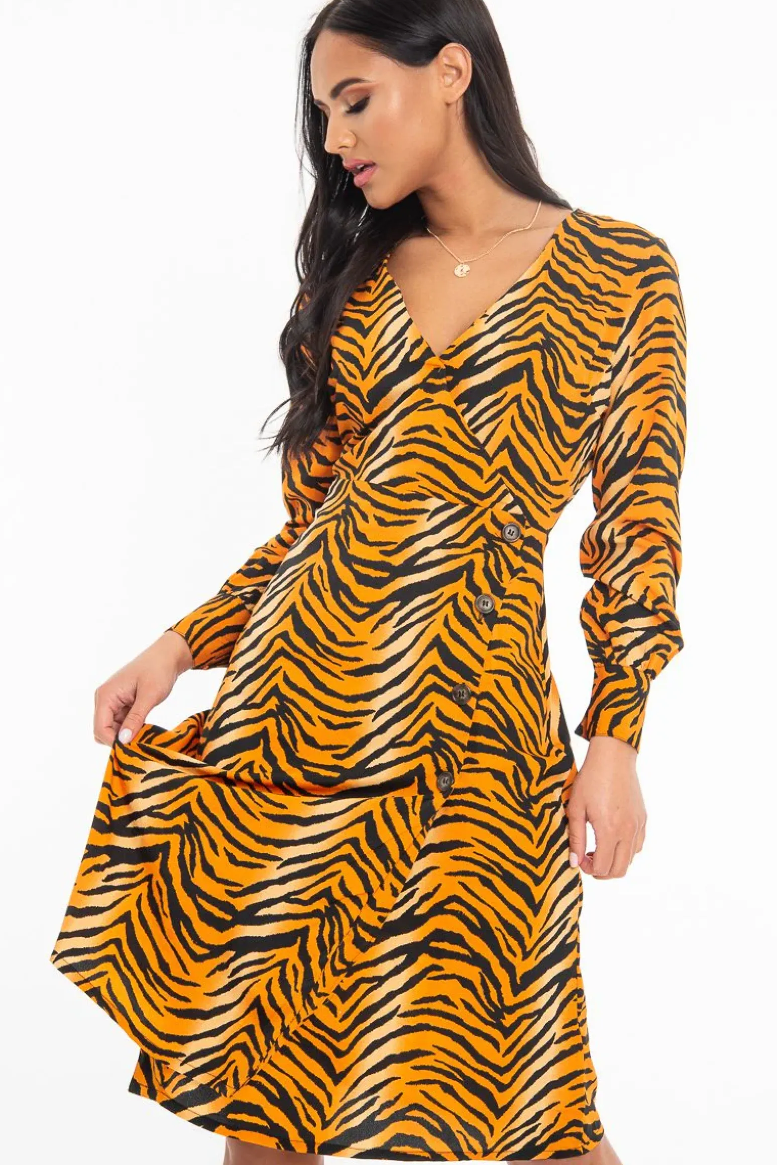 Rebellious Fashion Orange Tiger Print Plunge Wrap Button Front Midi Dress - Bettie