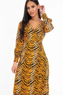 Rebellious Fashion Orange Tiger Print Plunge Wrap Button Front Midi Dress - Bettie