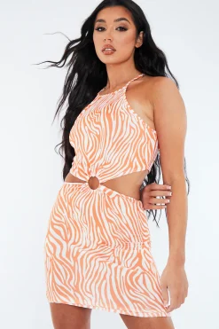 Rebellious Fashion Orange Zebra Print Cut Out Mini Dress - Kerry