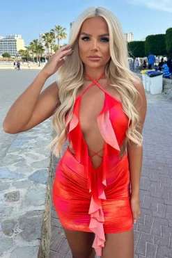 Rebellious Fashion Orange Abstract Print Frill Detail Mini Dress - Anzu