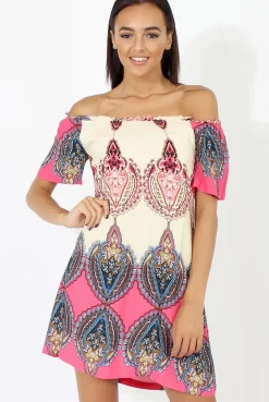 Rebellious Fashion Orange & Pink Indian Print Bardot Dress - Daphne