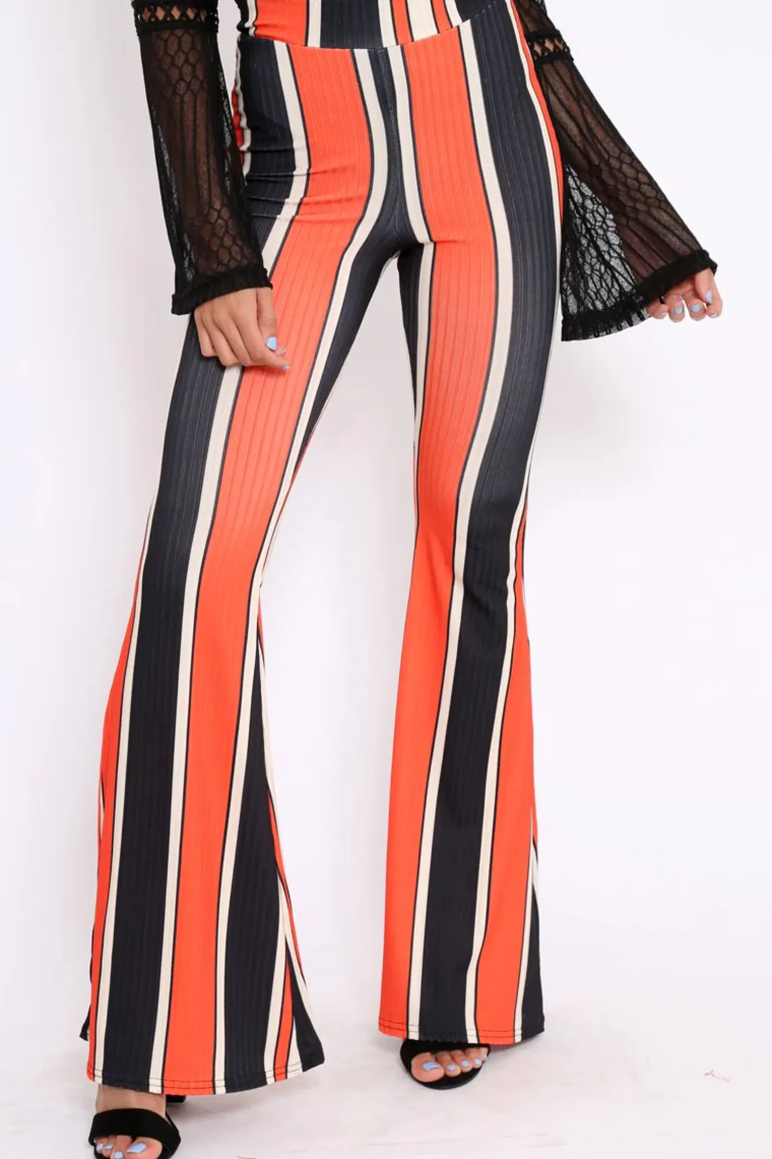 Rebellious Fashion Orange and Navy Stripe Ribbed Flares - Kassy