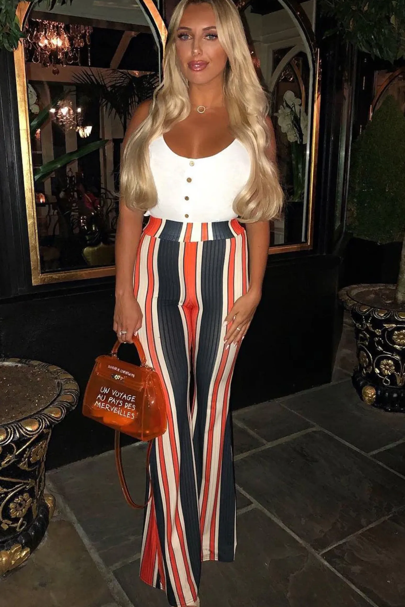 Rebellious Fashion Orange and Navy Stripe Ribbed Flares - Kassy