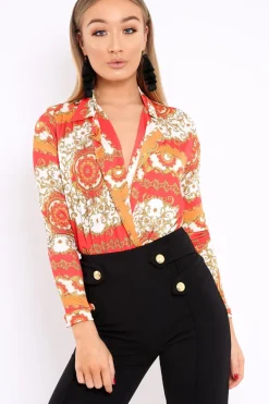 Rebellious Fashion Orange and Red Scarf Print Plunge Bodysuit - Chrissy