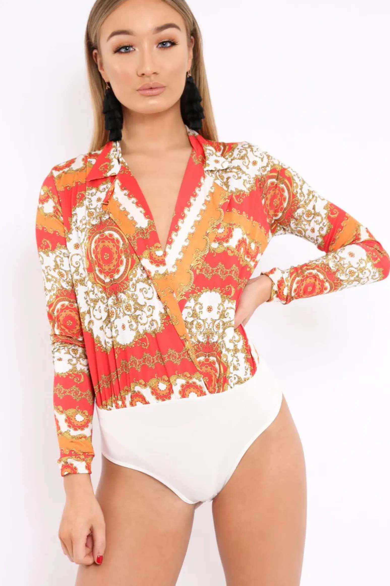 Rebellious Fashion Orange and Red Scarf Print Plunge Bodysuit - Chrissy