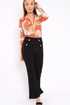 Rebellious Fashion Orange and Red Scarf Print Plunge Bodysuit - Chrissy